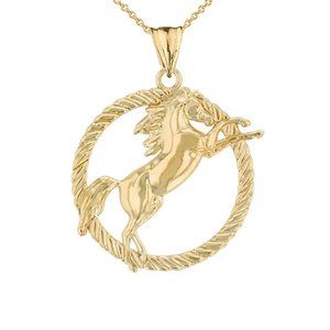 14k Solid Gold Stallion Horse Rope circle Necklace
